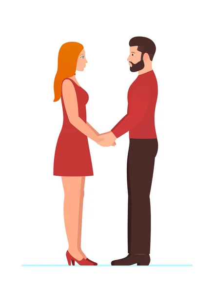 Joyeuse Saint Valentin le 14 février. Homme barbu et belle femme rousse, couple amoureux, se tenant la main, se regardant dans les yeux, en pleine croissance debout. modèle pour mariage ou anniversaire . — Image vectorielle