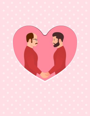 Elele ve birbirlerinin gözlere bakmak iki adam, aşk, çok ırklı gay çift. Mutlu Sevgililer günü, nişan ya da düğün veya yıldönümü için tebrik kartı.