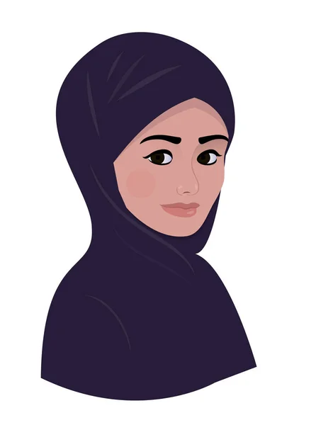 어두운 보라색 hijab 스카프에 아랍 이슬람 아름 다운 여자의 초상화. — 스톡 벡터