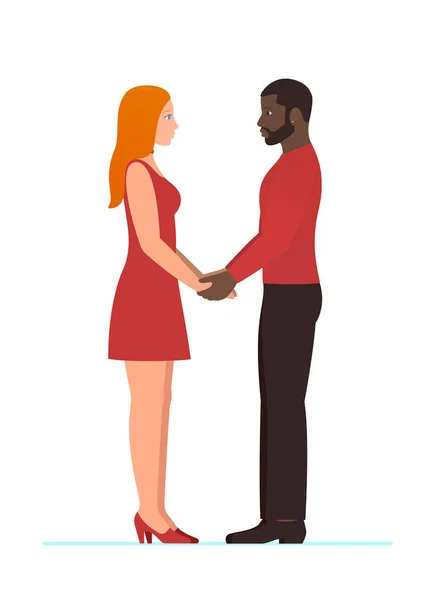 Happy Ημέρα του Αγίου Βαλεντίνου, 14η Φεβρουαρίου. Γενειοφόρος afro Αμερικανός άνδρας με γυναίκα όμορφη κοκκινομάλλα, ευτυχισμένο ζευγάρι πολυφυλετικής στην αγάπη, κρατώντας τα χέρια και να αναζητούν σε κάθε τους άλλους στα μάτια, σε πλήρη ανάπτυξη στέκεται — Διανυσματικό Αρχείο