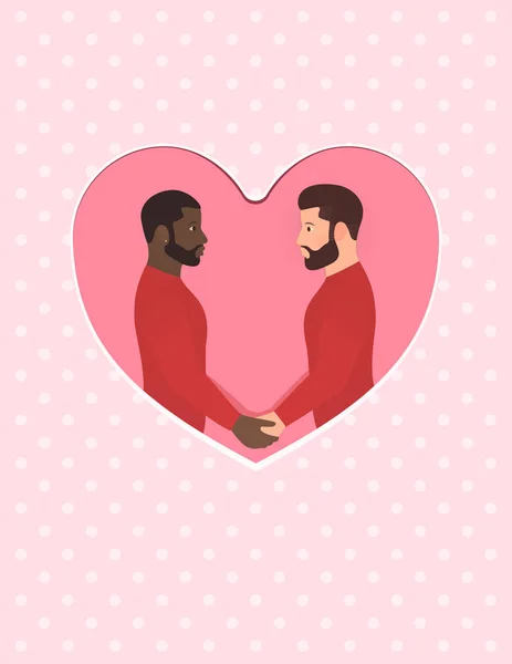 Afro-Amerikaanse man en een blanke man, multiraciale homo paar verliefd, houdend handen en kijken naar elkaars ogen. Wenskaart voor Happy Valentines day, verloving of bruiloft of verjaardag. — Stockvector