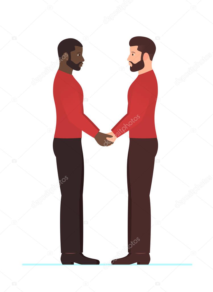 Afro american man and white man, multiracial gay couple in love, holding hands and looking into each others eyes, in full growth standing. Happy Valentines day, engagement or wedding or anniversary.