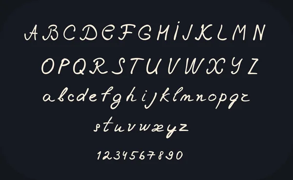 El yazı alfabesi tasarımı, el yazısı fırça hat cursive yazı tipi vektör çizim, büyük ve küçük harf, sayı, siyah ve beyaz — Stok Vektör