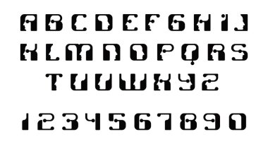 İngilizce yazı harfler. Logo - bilgisayar Tema, bilim vb, retro tarzı için cyborg robotlar insan yüzlerini.