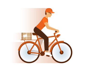 Hızlı teslimat servisi simgesini kurye çocuk sürme kırmızı bisiklet ile kutuları düz vektör çizim.