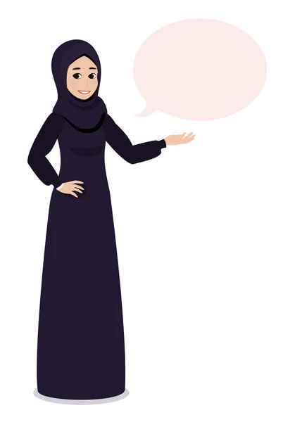 Αραβική μουσουλμανική κορίτσι hijab πέπλο σημεία σε κάτι ή παρουσιάζοντας με το χέρι. — Διανυσματικό Αρχείο