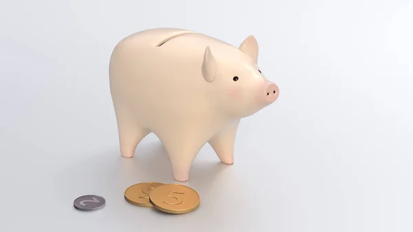 Roze spaarvarken, met een munt. Geïsoleerd pad op wit — Stockfoto