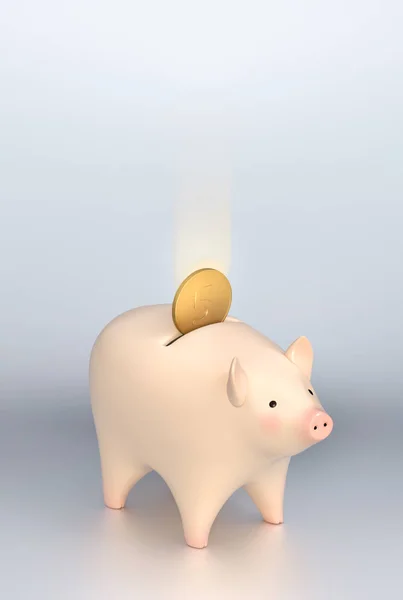 Pink piggy bank, with gold coin falling into slot. Isolated path on white — Stockfoto