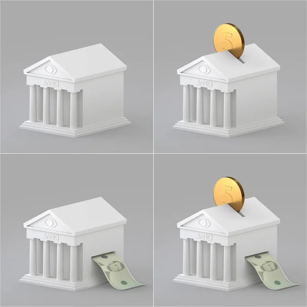 Ensemble d'icônes - Bâtiment bancaire avec billet et pièce en dollar. rendu isométrique 3D. Chemin de travail isolé . — Photo