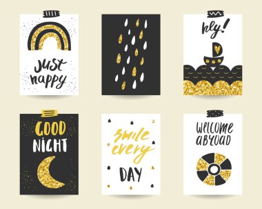 Sevimli doodle siyah ve altın doğum günü kartları seti