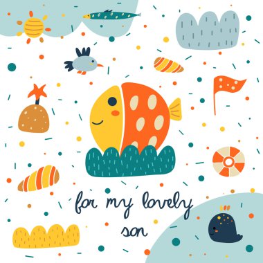 Balık ile sevimli el çizilmiş kartpostal