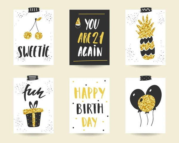 Doodle bonito cartões de aniversário preto e ouro —  Vetores de Stock