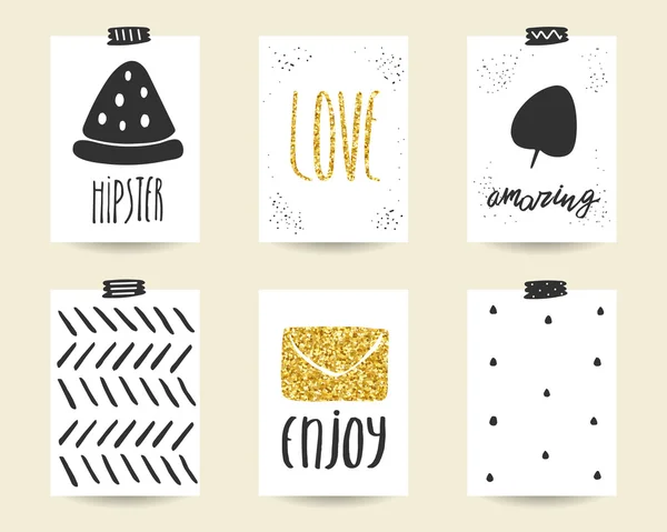 Sevimli doodle siyah ve altın doğum günü, bebek duş kartları — Stok Vektör