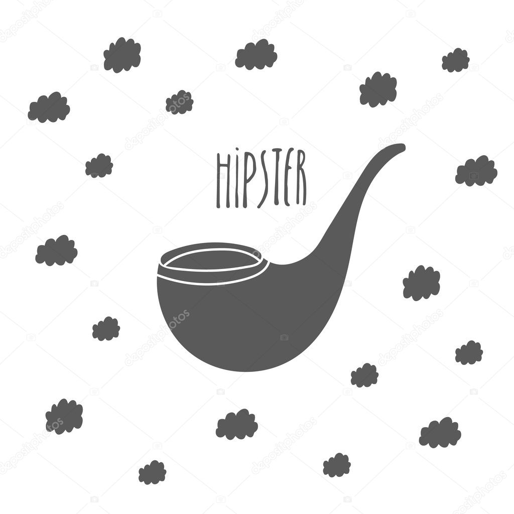 Hand drawn card, postcard with hipster black pipe, smoke clouds.