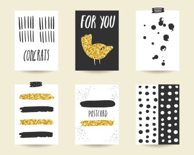 Cute doodle siyah ve altın doğum günü kartları