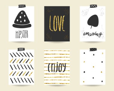 Cute doodle siyah ve altın doğum günü kartları