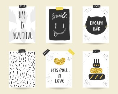 Cute doodle siyah ve altın doğum günü kartları