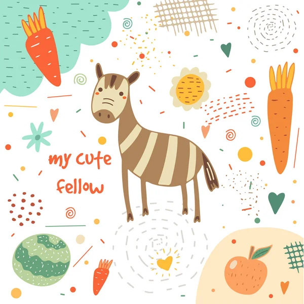 Carina carta disegnata a mano, cartolina con zebra — Vettoriale Stock