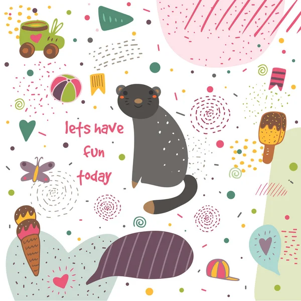 Kartpostal ile siyah kedi şirin el çekilmiş — Stok Vektör