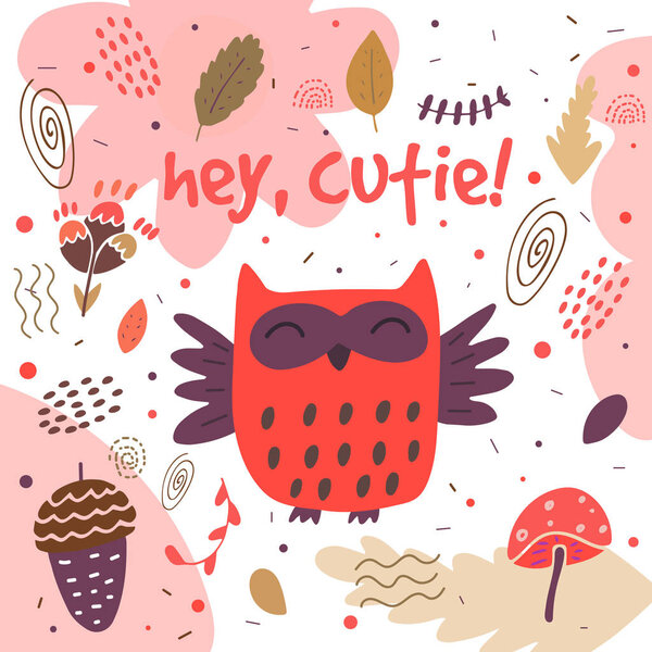 Cute hand drawn card, postcard with owl