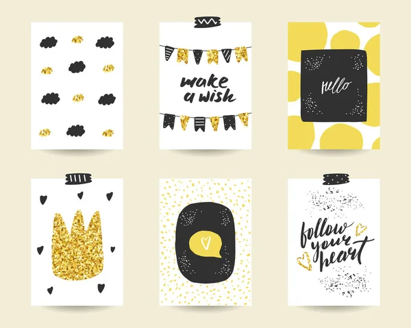 Mignon doodle cartes d'anniversaire noir et or — Image vectorielle