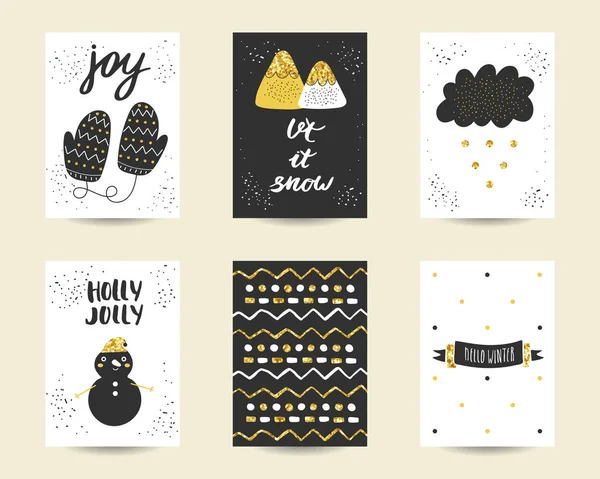 Mignon doodle cartes d'anniversaire noir et or — Image vectorielle