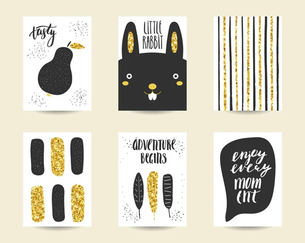 Cute doodle siyah ve altın doğum günü kartları — Stok Vektör