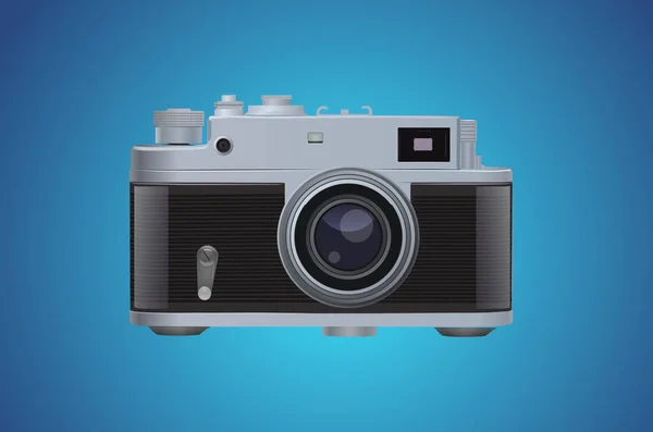 Vektorflache Darstellung einer Fotokamera auf blauem Hintergrund. Fotos machen Konzept. klassische Vintage-Fotografie — Stockvektor