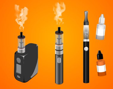 Elektronik sigara arka plandan izole set vektör. Simgeler vape aygıt düz stil içinde. Renkli vaping sembolleri.