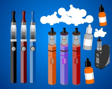 Elektronik sigara ve vaping e-sıvı sıvı onun elinde tutan ve bulut buharı veya duman exhaling mutlu genç vaper adam. E-sigara elektronik kişisel Buharlaştırıcı kutusu mod vektör çizim