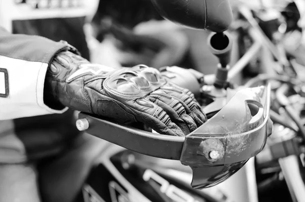 Black White Photography Leather Glove Motorbike Handlebar Closeup — Stock Photo, Image