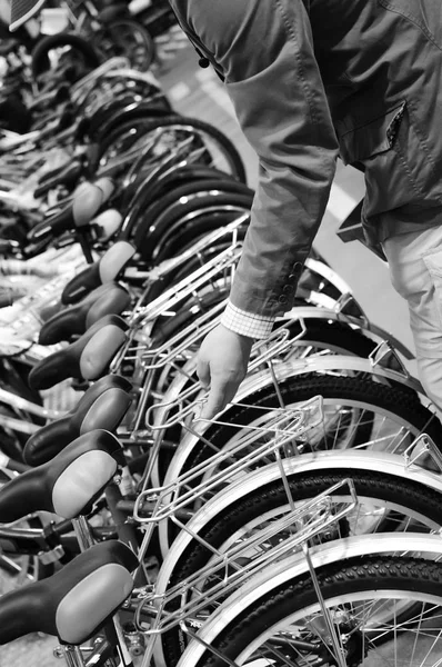 Black White Photography Hand Choosing Presenting Bicycle Closeup — Stock Photo, Image