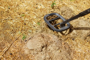 Elektronik metal dedektörü dışarıda çalışıyor. Arama sürecinin yakın çekim fotoğrafçılığı