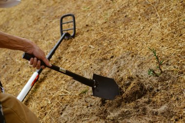 Elektronik metal dedektörü dışarıda çalışıyor. Arama sürecinin yakın çekim fotoğrafçılığı