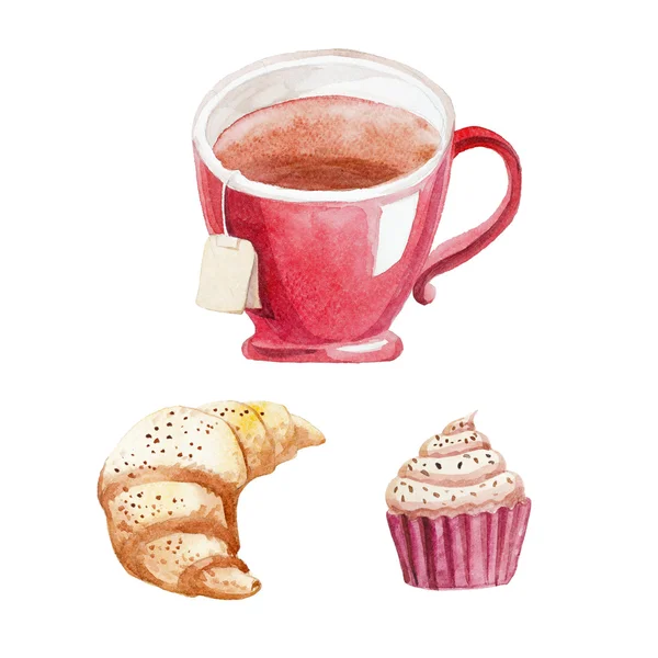 水彩杯袋泡茶、 蛋糕和牛角面包 — 图库照片