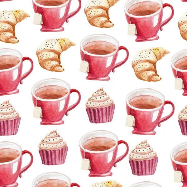 红茶杯，蛋糕和羊角面包的水彩模式 — 图库照片