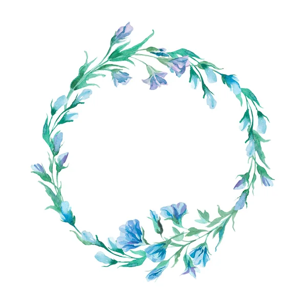 水彩で描かれた青の花のロマンチックな花輪 — ストック写真