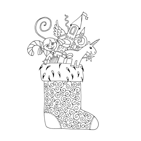 Vector doodle sketch Christmas boot with gift for girls — Stock Vector