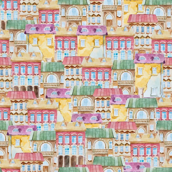 Watercolor seamless pattern of bright old building. — ストック写真