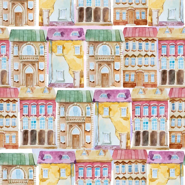 Watercolor seamless pattern of bright old building — ストック写真