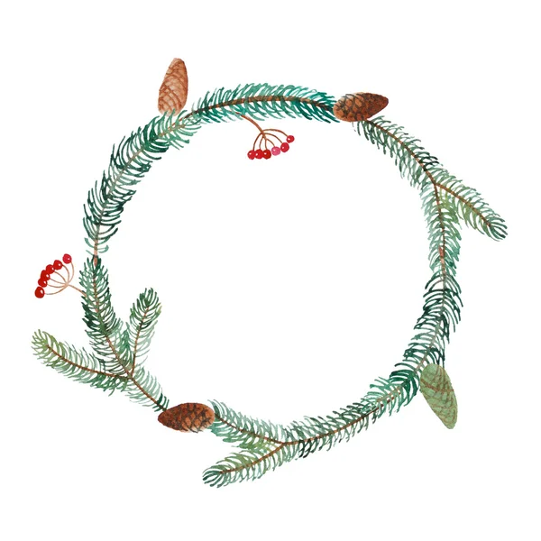 Watercolor Christmas wreath of spruce branch, cone and berry — Φωτογραφία Αρχείου