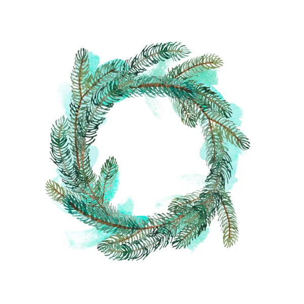 Watercolor Christmas wreath of spruce branch and splash