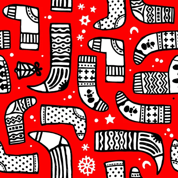 Vector seamless doodle pattern of different Christmas boot — Stock Vector