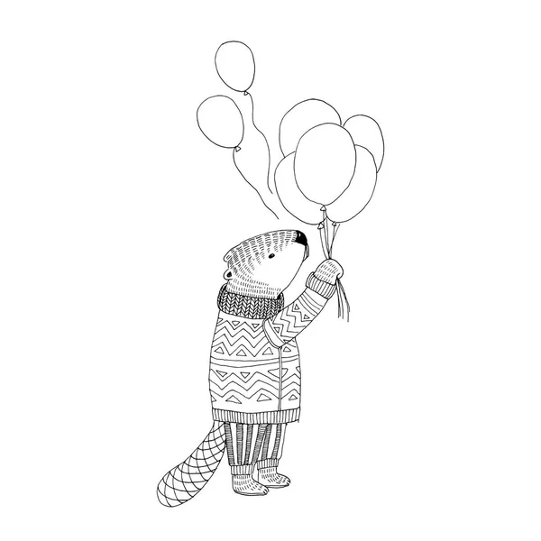 Vector sketch. Beaver in sweater with baloons — Stock Vector