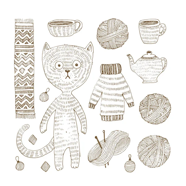 Векторний набір ескізів зимових аксесуарів з веселим котом — стоковий вектор