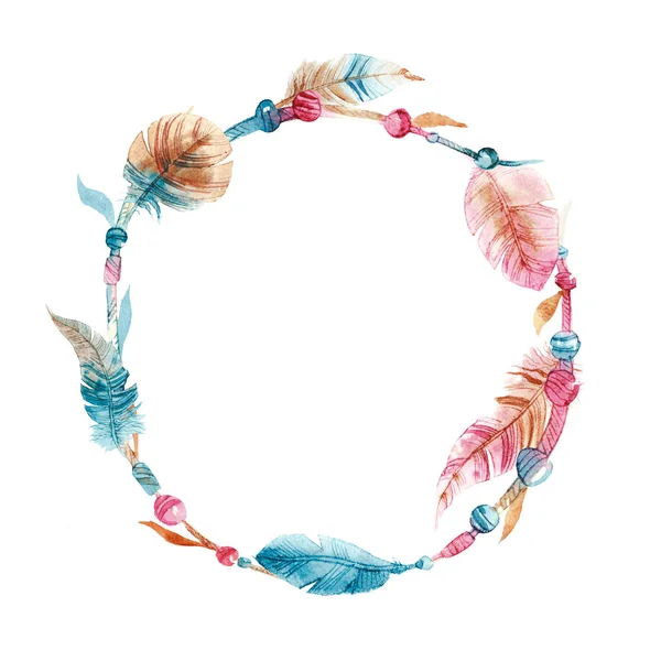 Wreath of hand drawn watercolor feather and bead