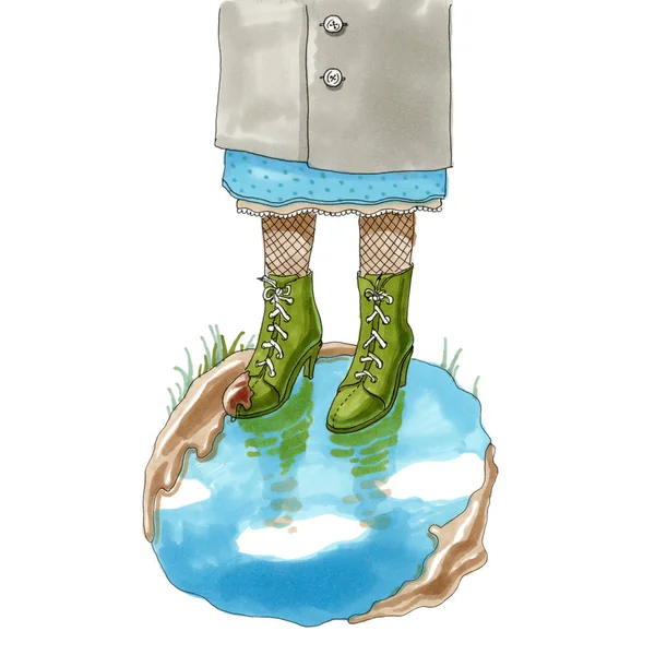 Ilustracja znacznik. Nogi w buty, stojąc w kałuży — Zdjęcie stockowe