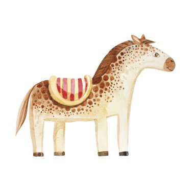 kahverengi at boyalı bir eyer suluboya ile gülümseyen