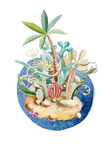 Acquerello isola piena di palme, cactus e viti con lettera — Foto Stock