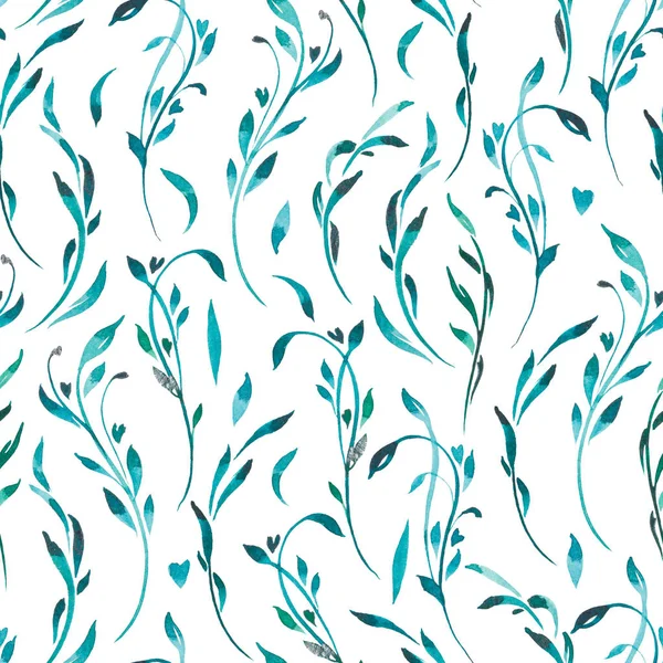 Шаблон акварели голубой и зеленый листья и цветы — стоковое фото